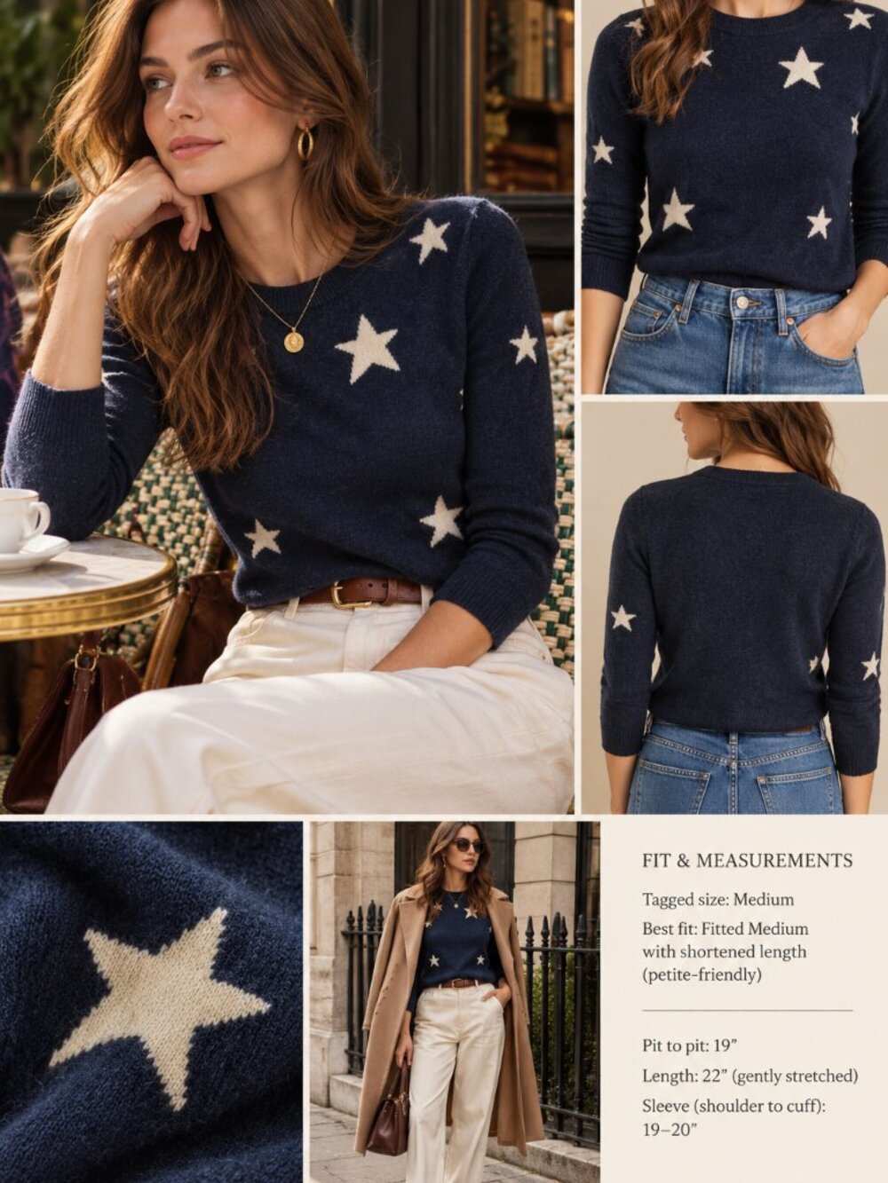 J.Crew 100% Cashmere Star Intarsia Navy Crewneck Sweater M Petite